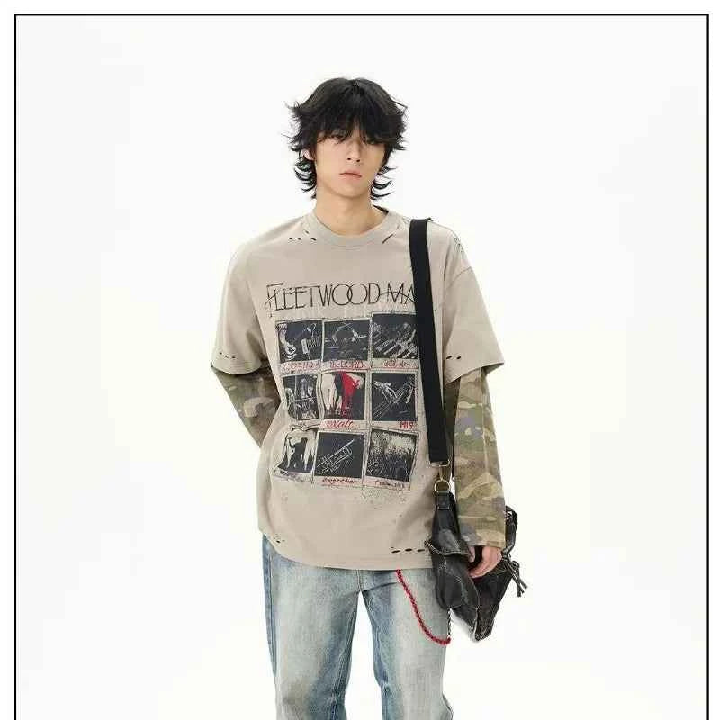Retro Punk Camouflage Ripped Long Sleeve T-Shirt