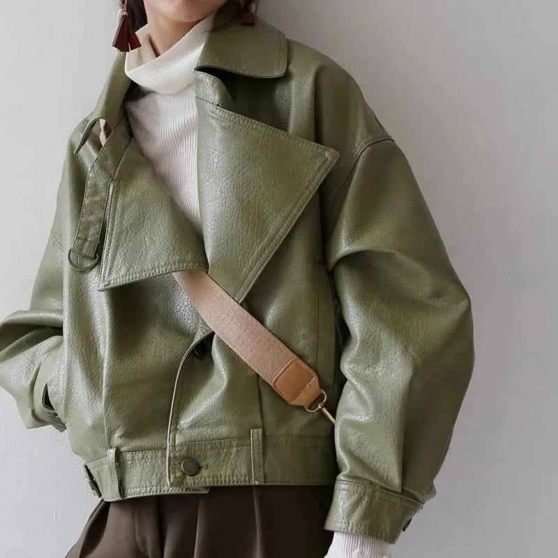 Women Avocado Green Leather Motorcycle Jacket