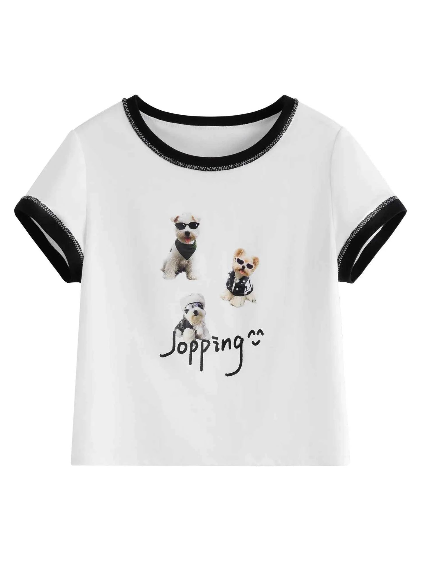Women Streetwear Textured Dog Print with Contrast T-Shirt