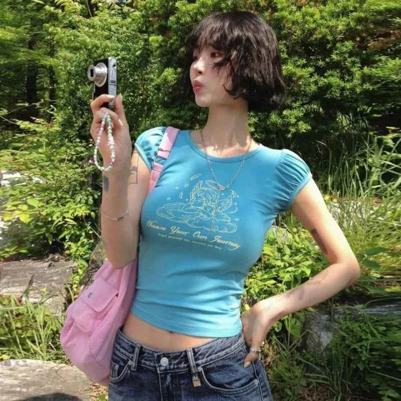 Spicy Angel Print Bubble Short Sleeve T-Shirt