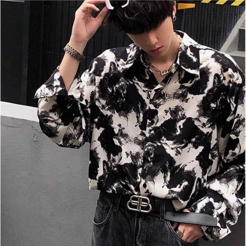 Casual Dark Korean Style Ink Painting Long Shirt