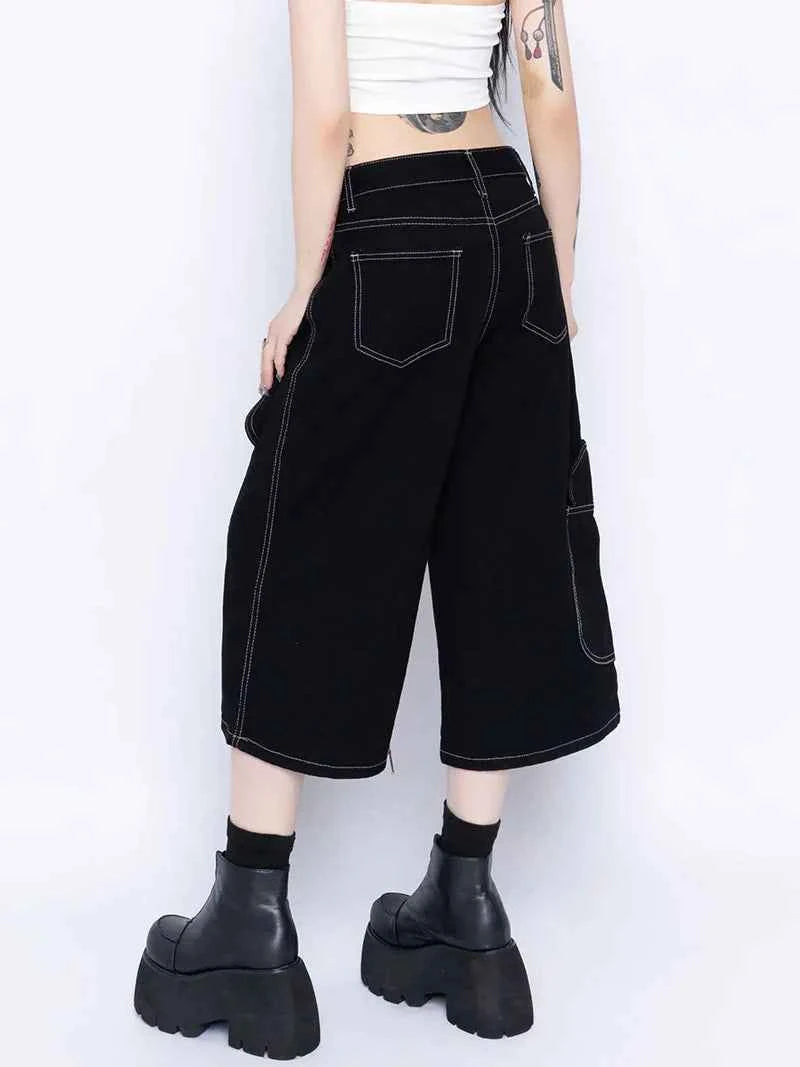 Patchwork Black Retro Wide Leg Jorts