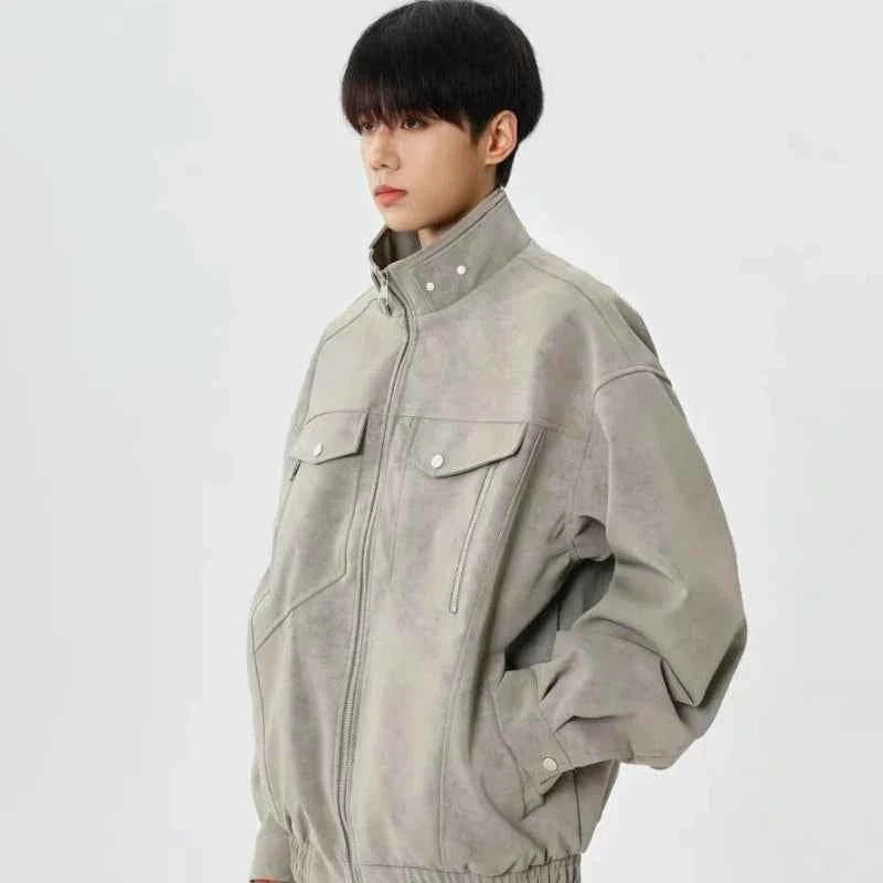 Solid Color Stand Collar Zipper Jacket