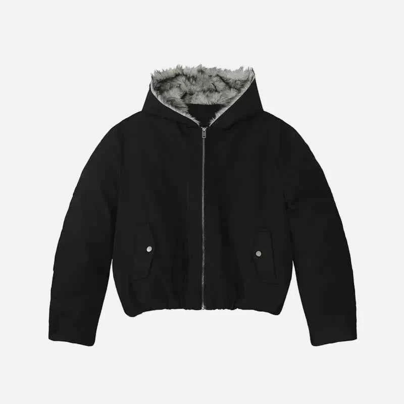 Retro Solid Color Thicken Hooded Fur Jacket