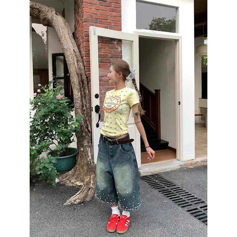 Y2K Streetwear Vintage Beaded High Waist Denim Jorts
