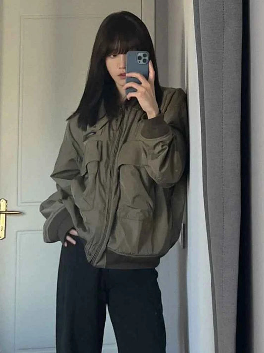 Women Casual Patchwork Zipper Collar Jacket