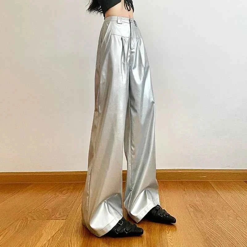 Y2K Women Streetwear Hip Hop Silver Leather Pants