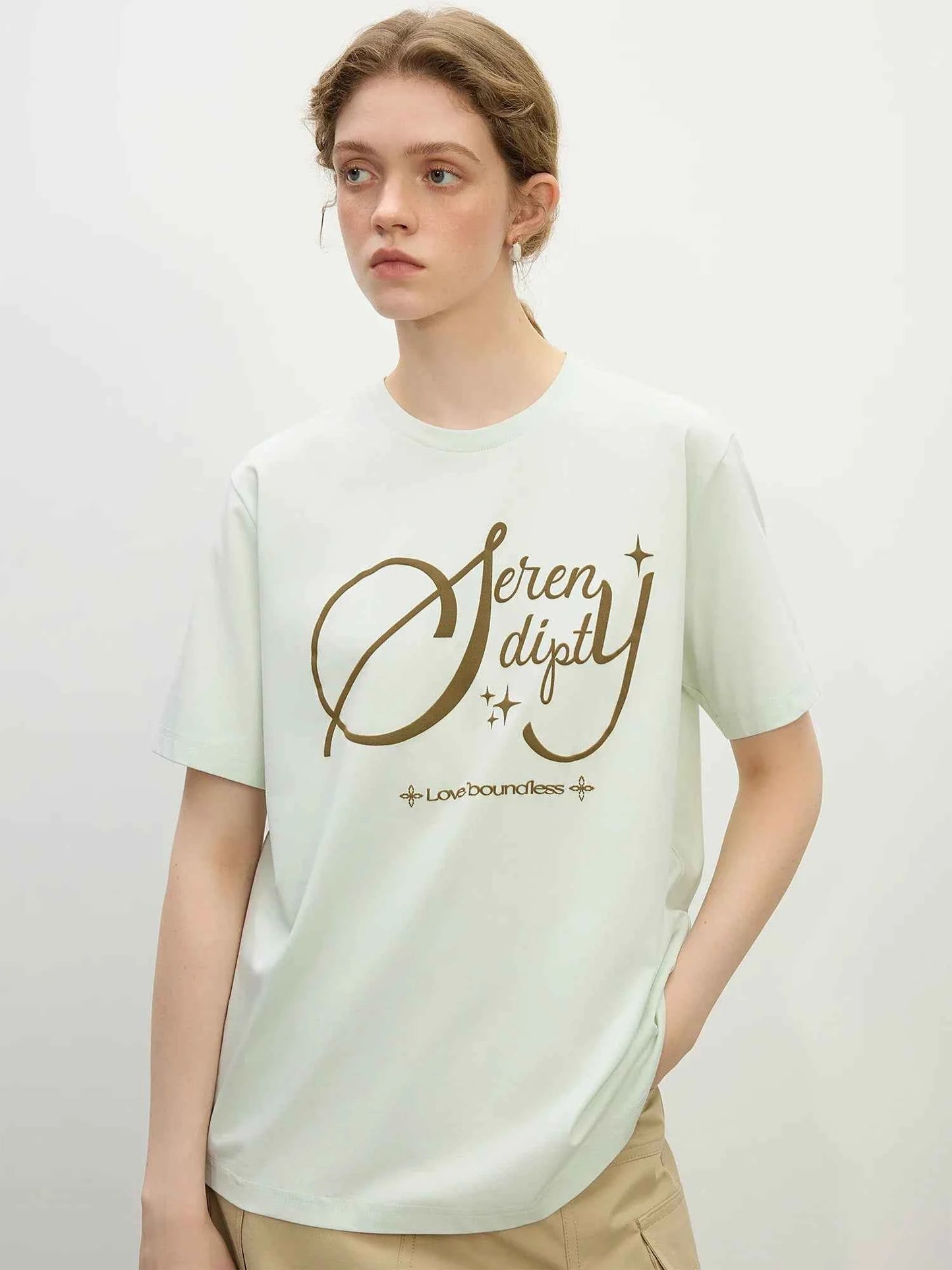 Women Versatile Retro Loose Round Neck Alphabet T-Shirt