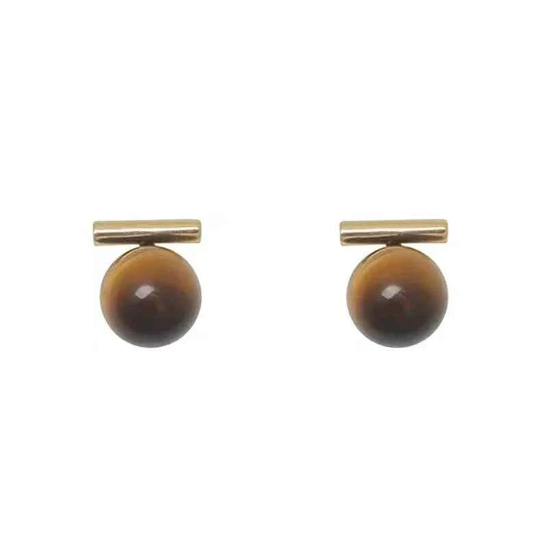 Minimalist Tiger Eye Stone Round Beads Earring