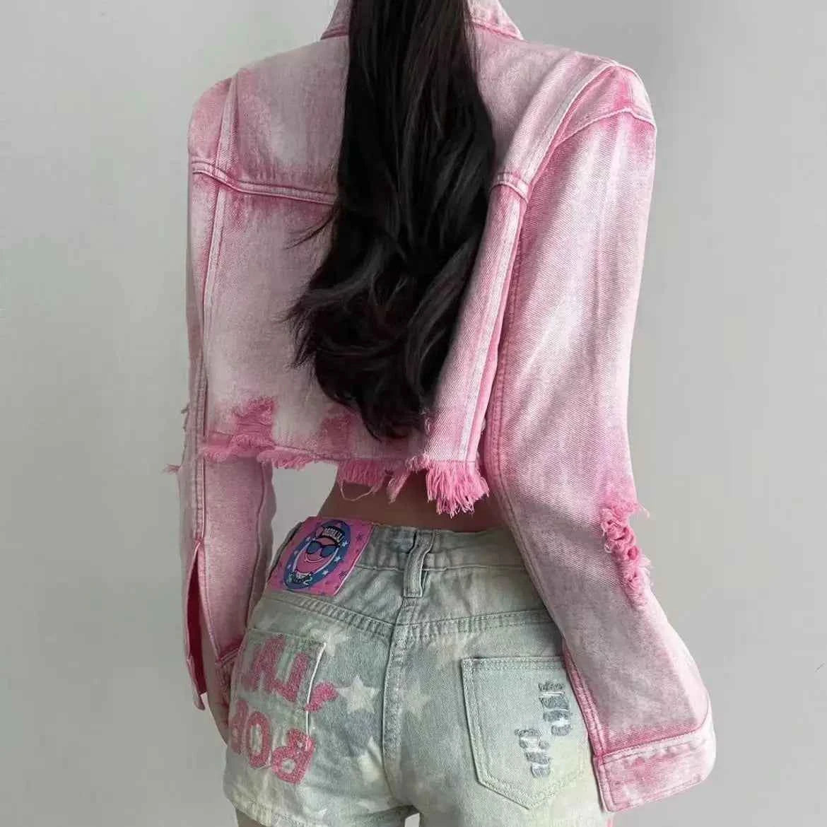 Pink Ripped Hip Hop Short Denim Jacket