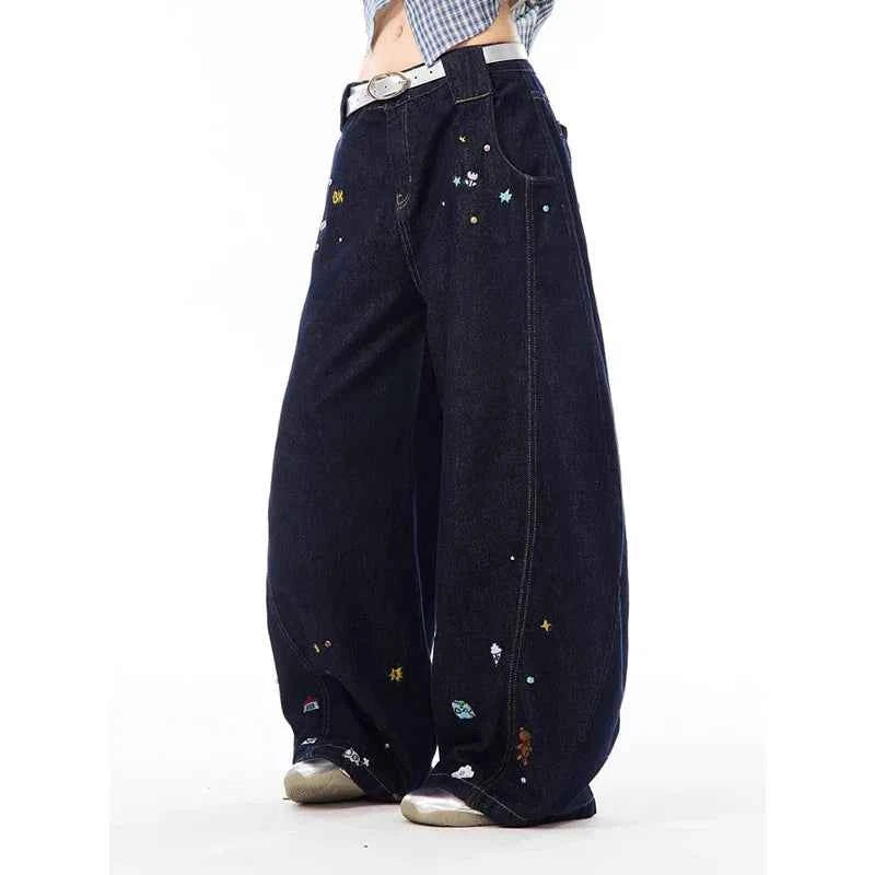 Comfortable Hip Hop Kpop Cartoon Print Wide Leg Jeans