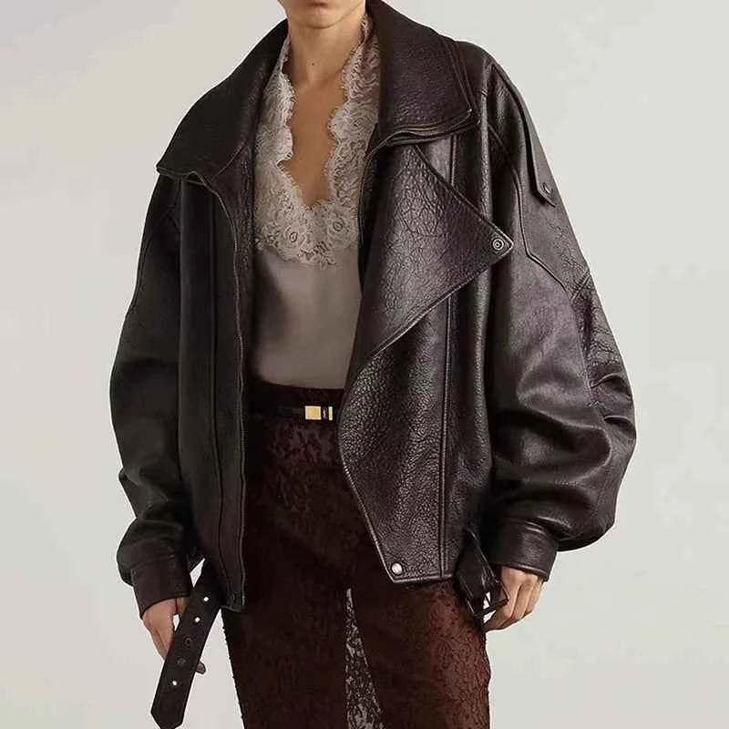 Women Oversized Genuine Leather Jacket