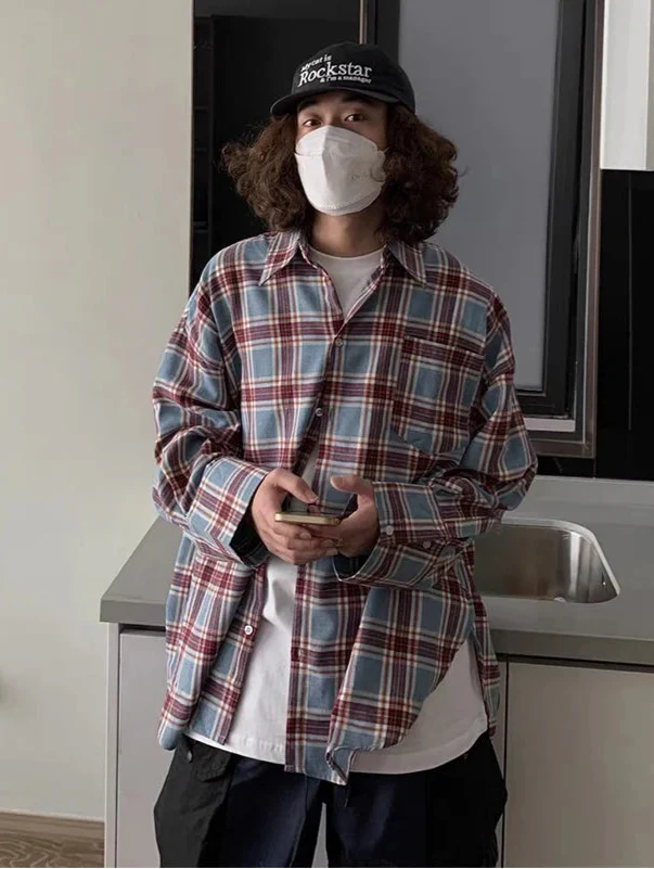 Elevated Stylish Loose Fit Plaid Long Sleeve Shirt - Luxuryurbanwear