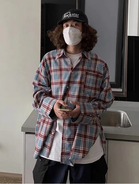 Elevated Stylish Loose Fit Plaid Long Sleeve Shirt - Luxuryurbanwear