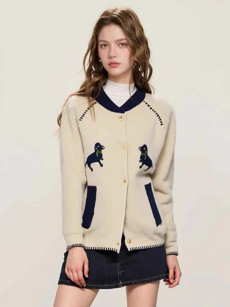 Cozy French Puppy Jacquard Knit Cardigan