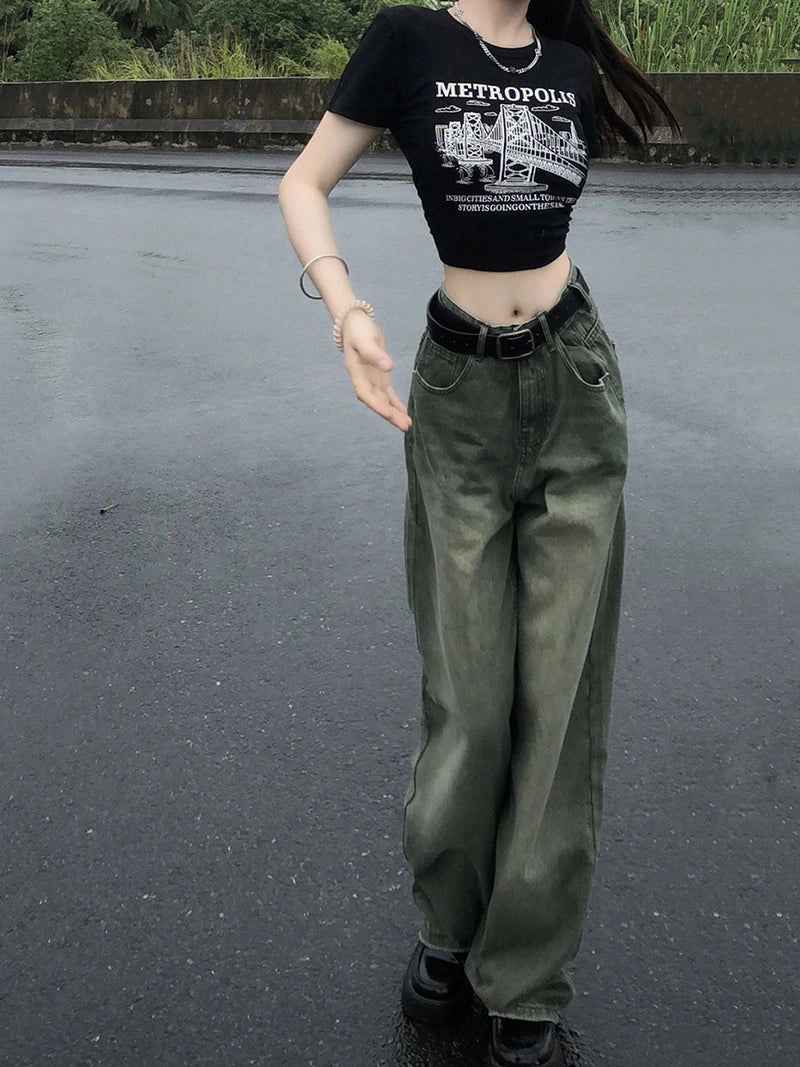 Y2K Women Green Gradient Wide Leg Jeans