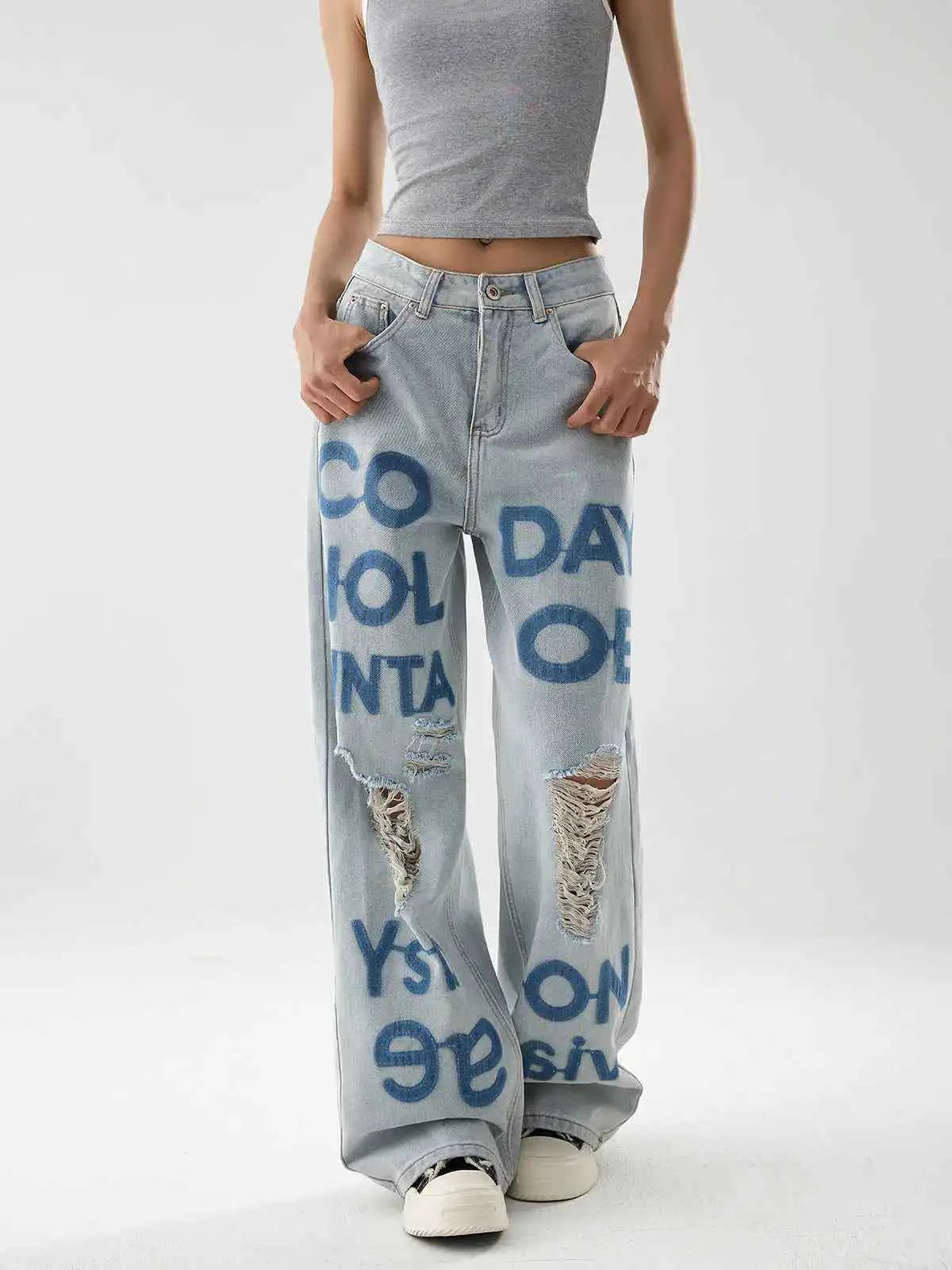 American Style Oversize Ripped Printed Blue Denim Jeans