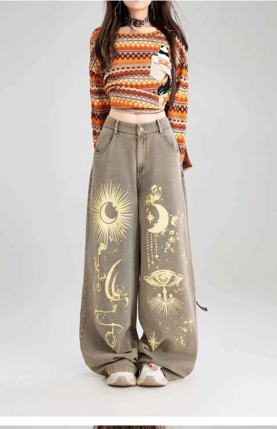 Effortless Graffiti Print Loose Vintage Wide Leg Jeans
