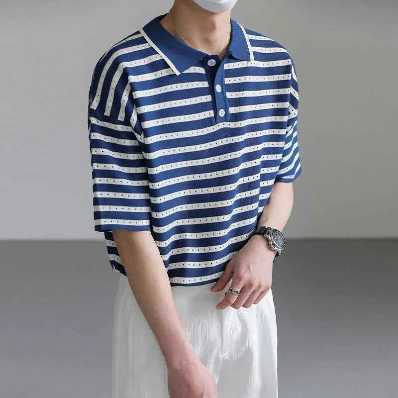 Classic Luxury Striped Polo Button Down T-Shirt