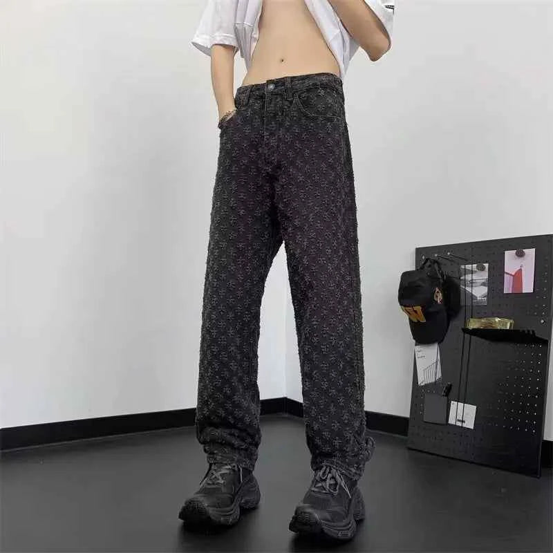Distressed Wide Jacquard Denim Jeans