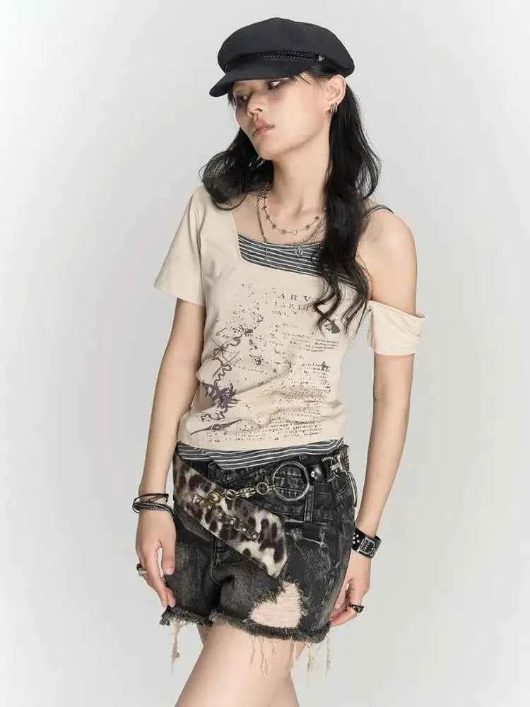 Vintage Gothic Patchwork Off-Shoulder T-Shirt