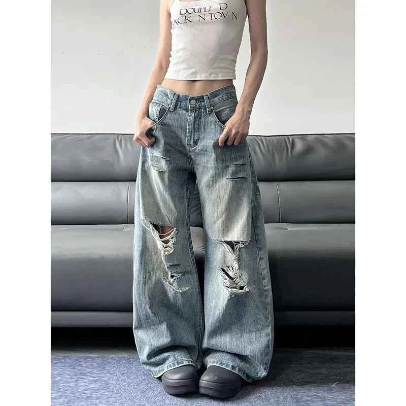 Durable Y2K High Waist Ripped Blue Wide Leg Jeans
