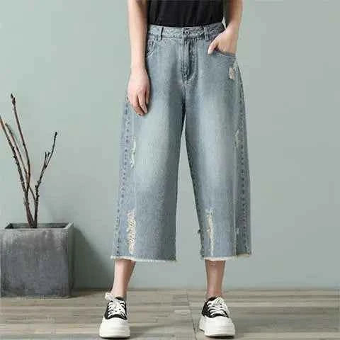 High Waist Ripped Wide Leg Jorts