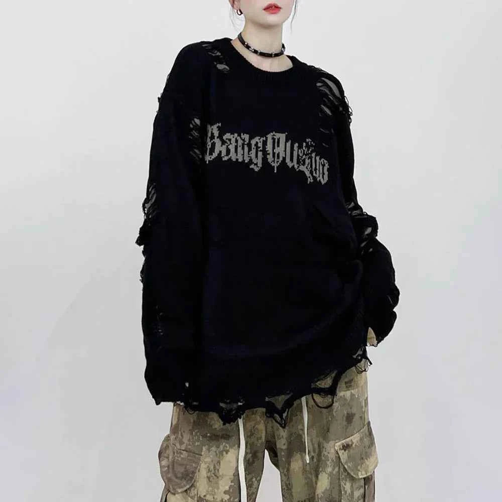 Gothing Retro Destruction Style Round Neck Sweater