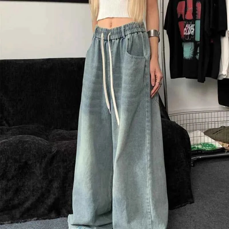 Women Elastic Straight Wide Leg Denim Jeans