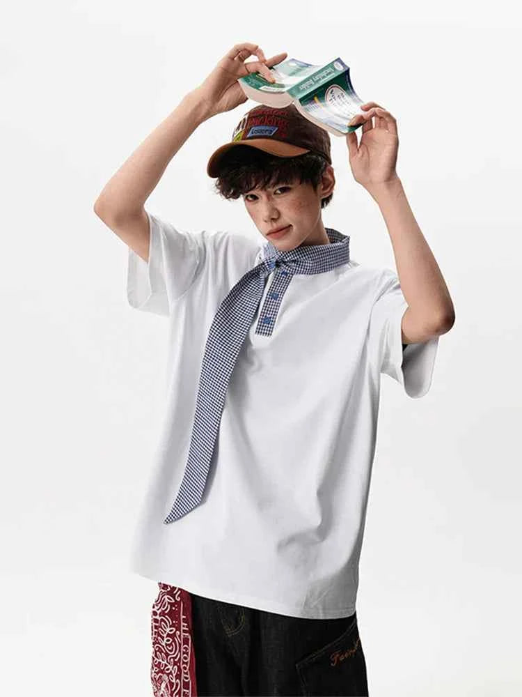 Gingham Tie Collar Oversized Short Sleeve T-Shirt