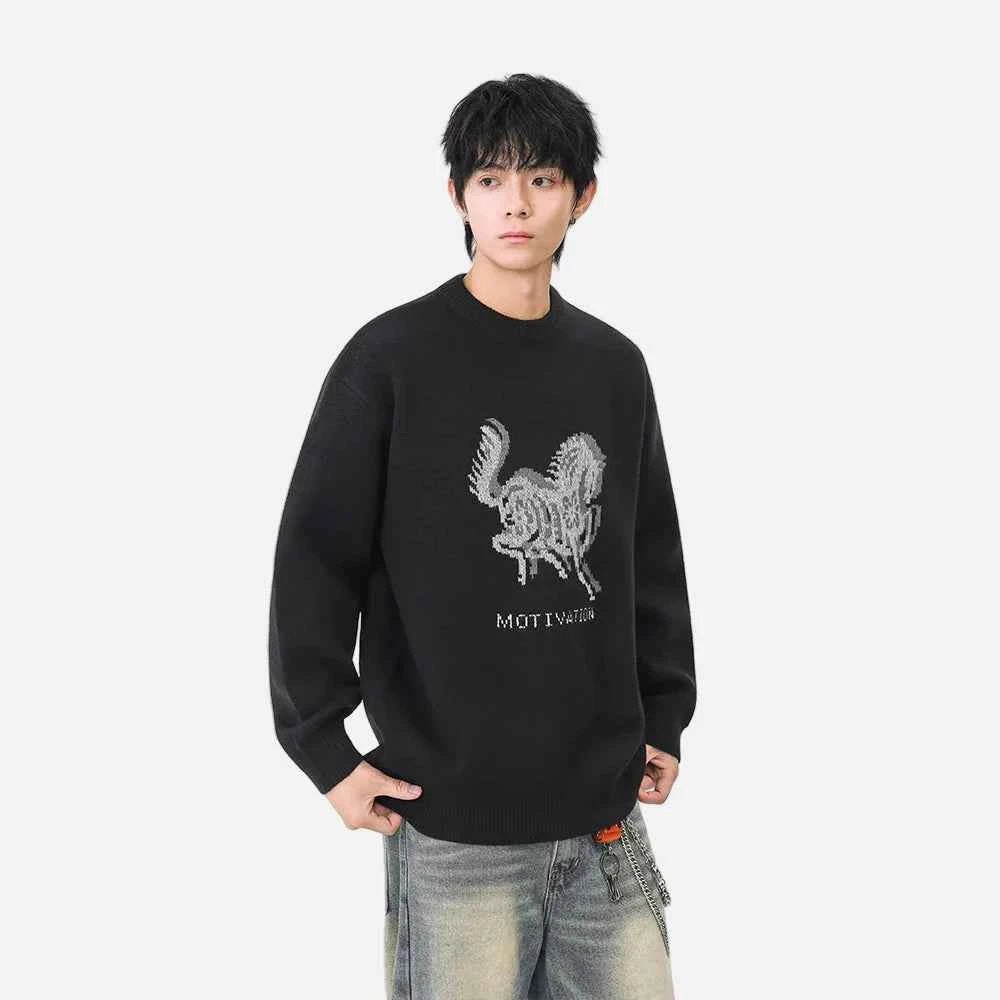 Cozy Horse Print Crew Neck Classic Sweater
