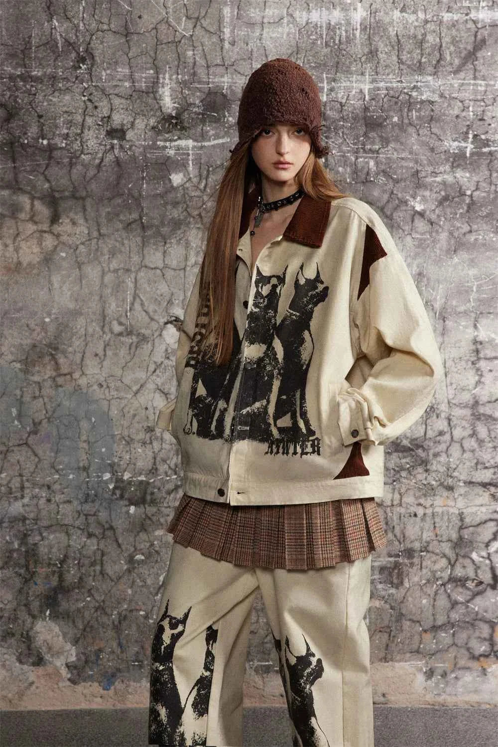 Cozy Distressed Dog Head Graffiti Lapel Jacket