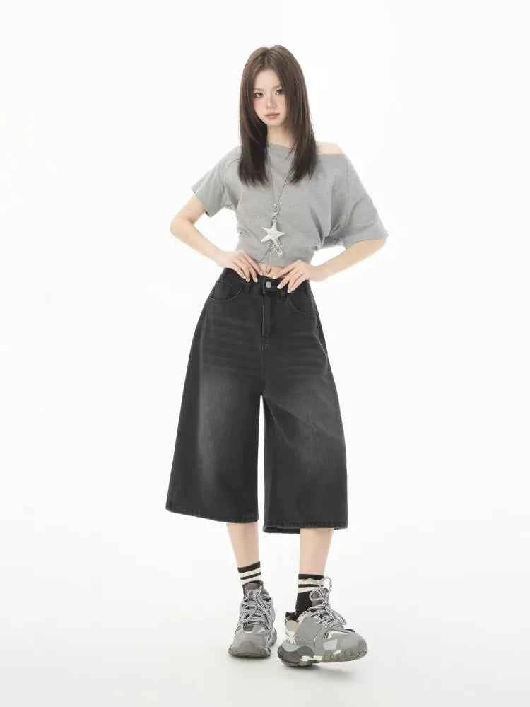 Women Casual Chic Black Wide Leg Denim Jorts
