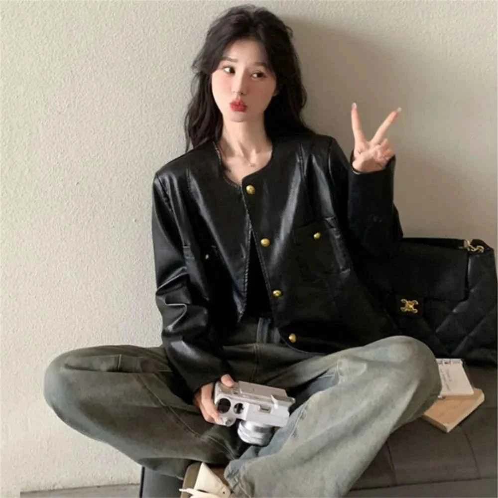 Women Retro Short Spring Leather Jacket