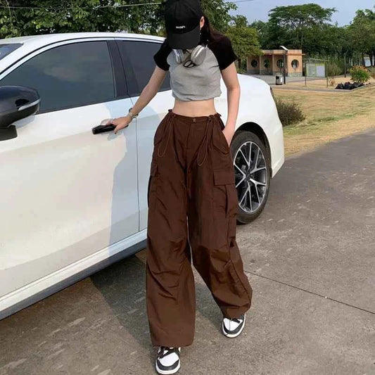 Women Cool Brown Vintage Drawstring Cargo Pants