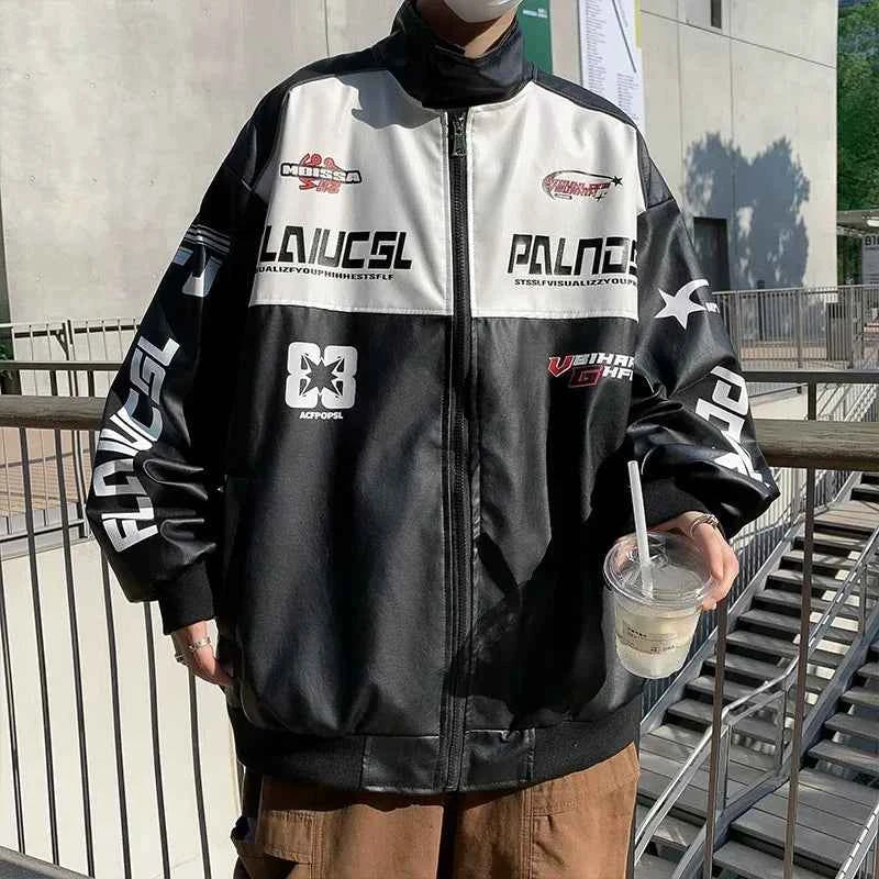 Oversized Embroidery Leather Racing Graphic Jacket
