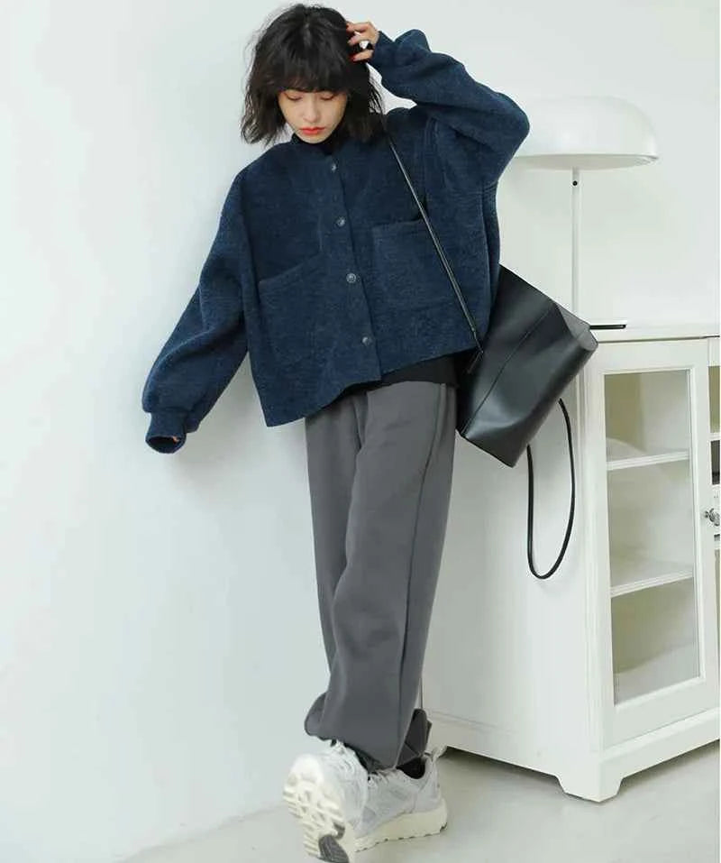 Women Classic Vintage Navy Blue Warm Cardigan