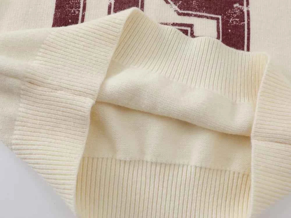 Casual Retro Letter Print Knitted V-Neck Sweater