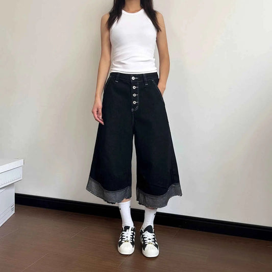 Women Retro Wide Leg Raw Edged Jorts