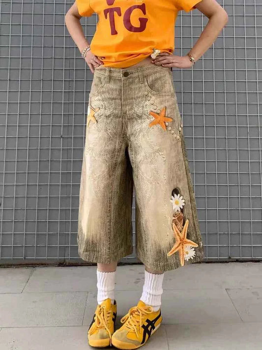 Cozy Oversized Star Washed Denim Jorts