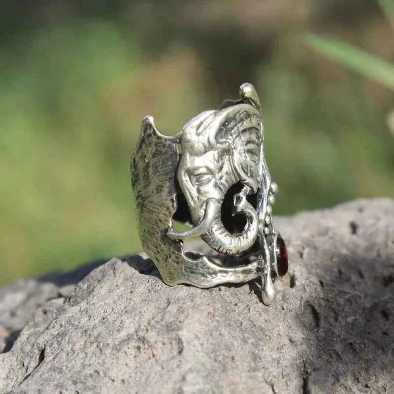 Exaggerated Vintage African Elephant Red Stone Rings