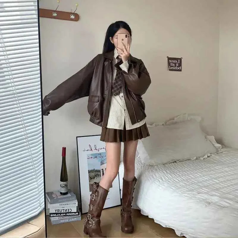 Women Vintage Brown Zipper Leather Jacket