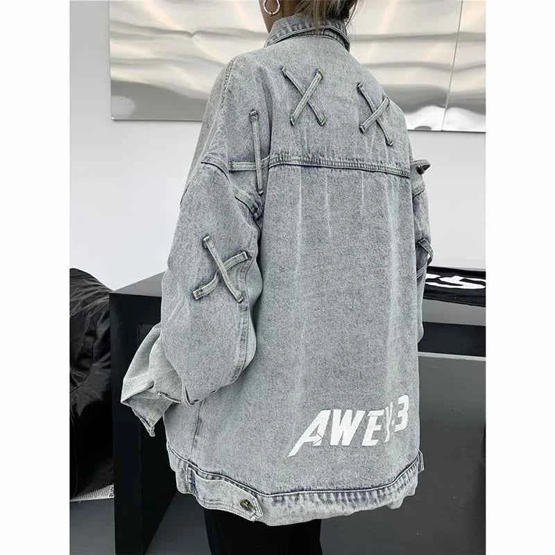 Retro American Style Letter Print Denim Jacket