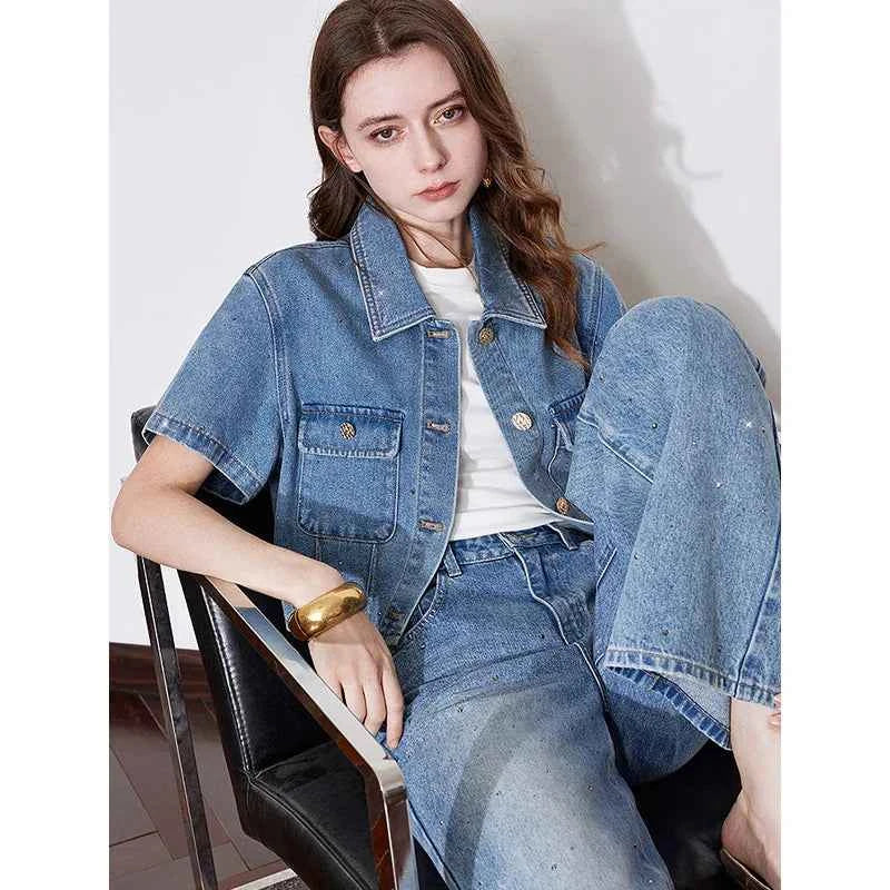 Rhinestone Short Sleeve Denim  Jacket