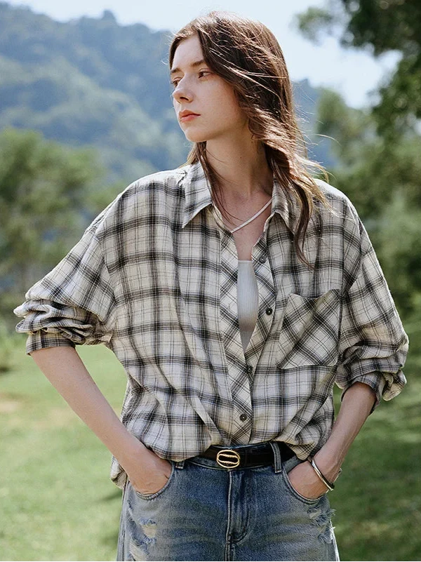 Women Plaid Retro Long Sleeve Blouse Shirt