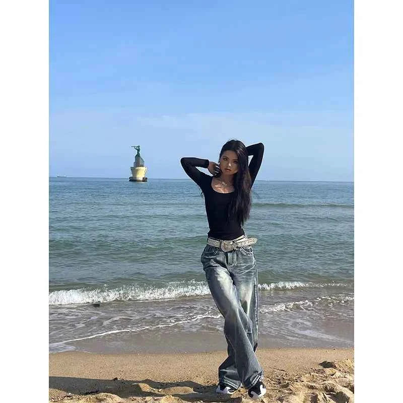 Versatile Streetwear Blue High Waisted Wide Leg Jeans