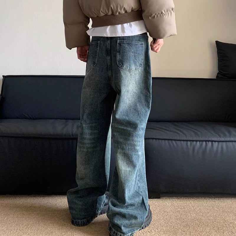 Retro Korean Letter Printed Wide Leg Jeans