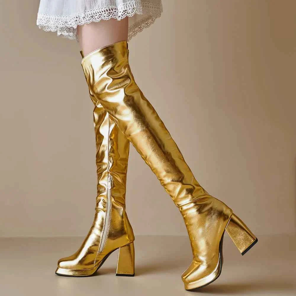 Winter Block High Heels Metallic Zipper Boots