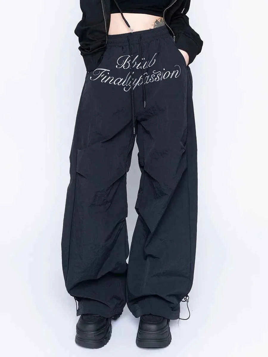 Black Chic Letters Print Parachute Sweatpants