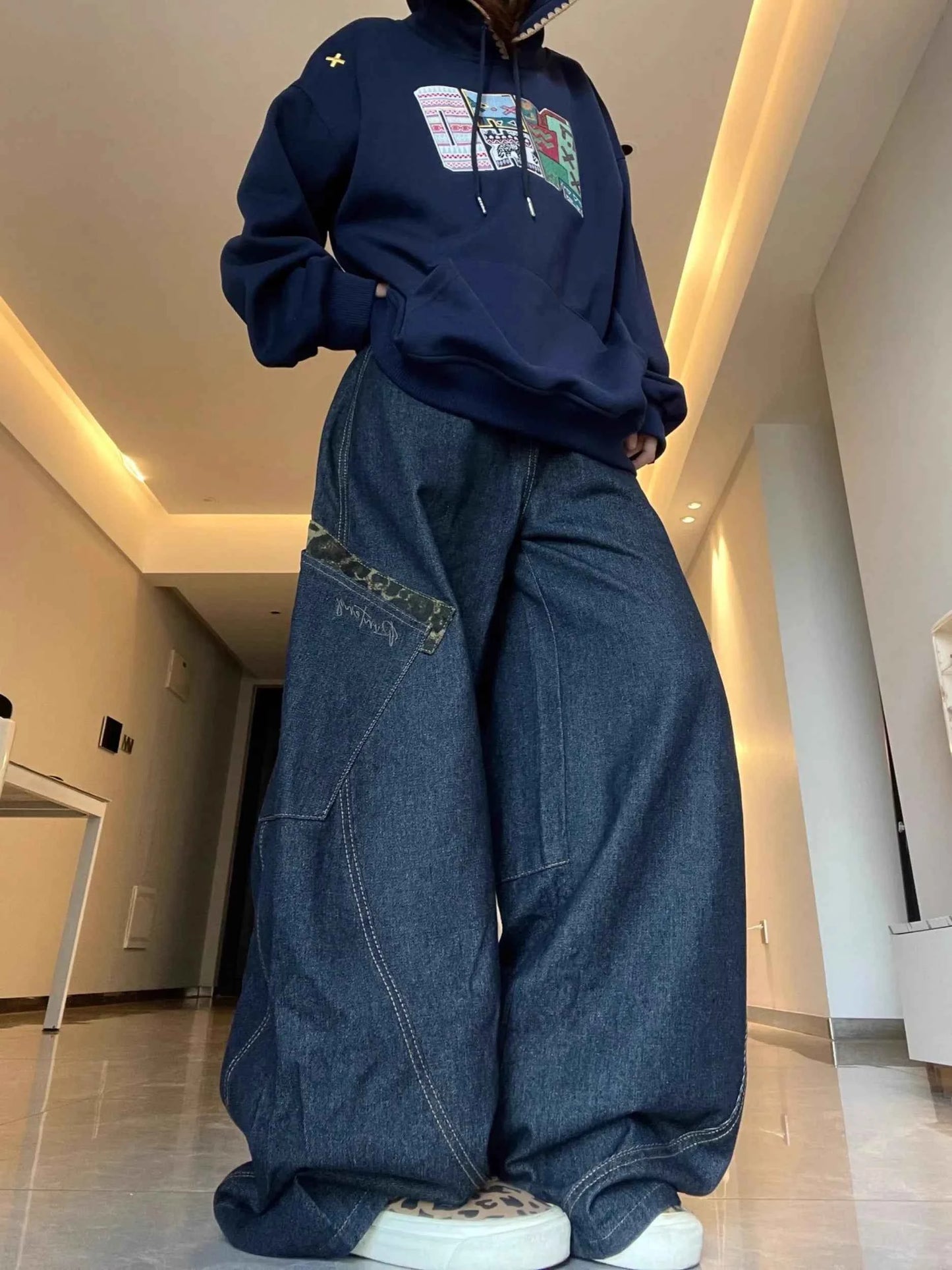 American Style Blue Loose Retro Wide Leg Jeans